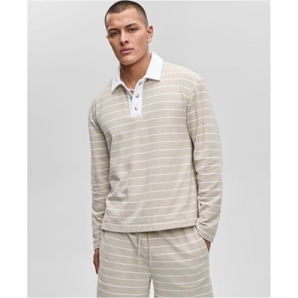Mode Of One Mens Striped French Terry Polo Shirt, NWT